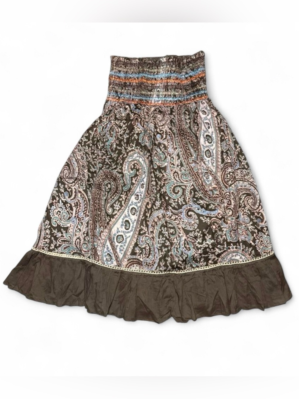 Y2K Paisley Boho Midi Skirt Brown Blue Orange Smocked Dress Western Festival - M - Picture 8 of 8